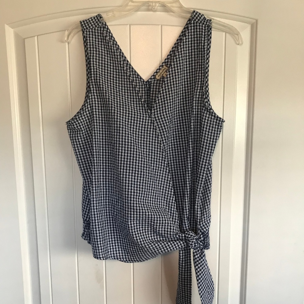 Navy and white gingham print wrap front top